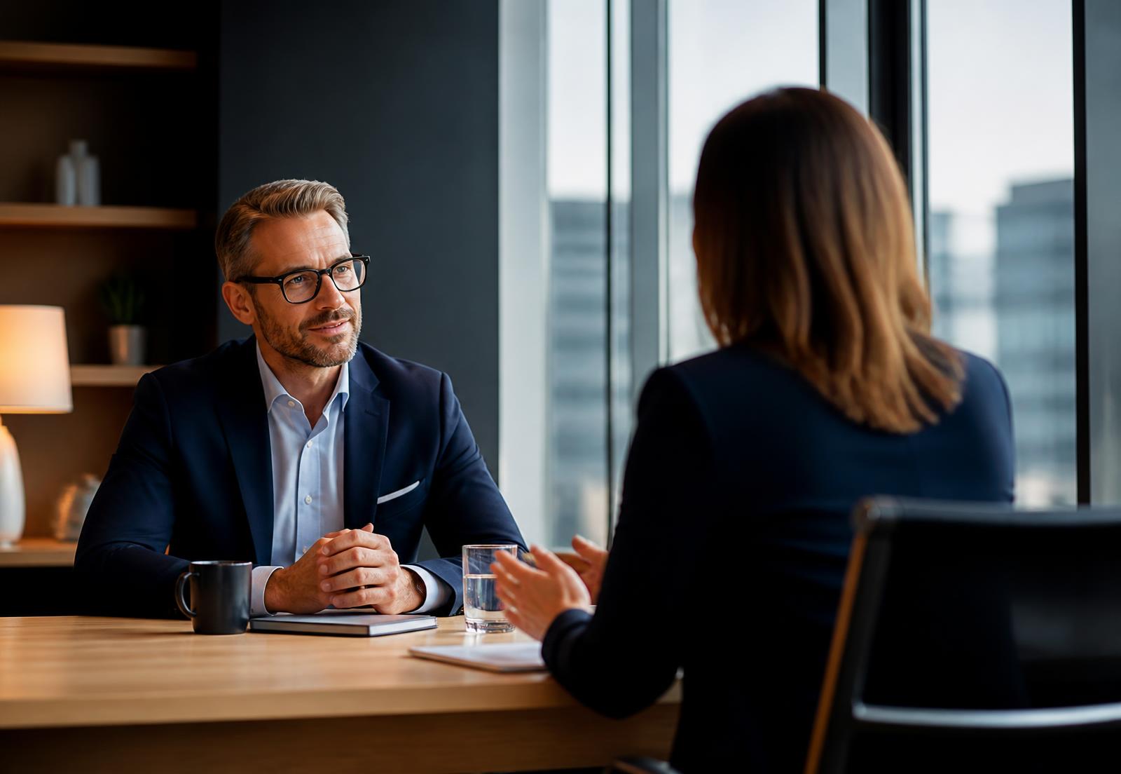 Two executives in conversation across a table in a bright office