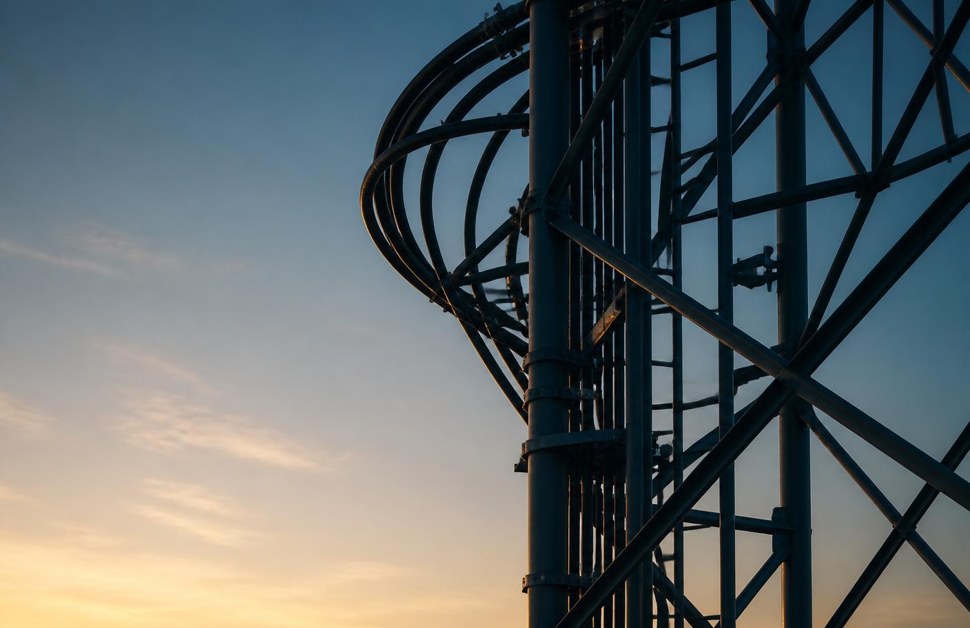 Telecommunications tower structure at dusk